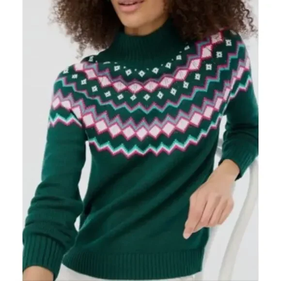 J. Crew Fair Isle Turtle Neck Sweater Green Berry Size Small - Picture 1 of 10